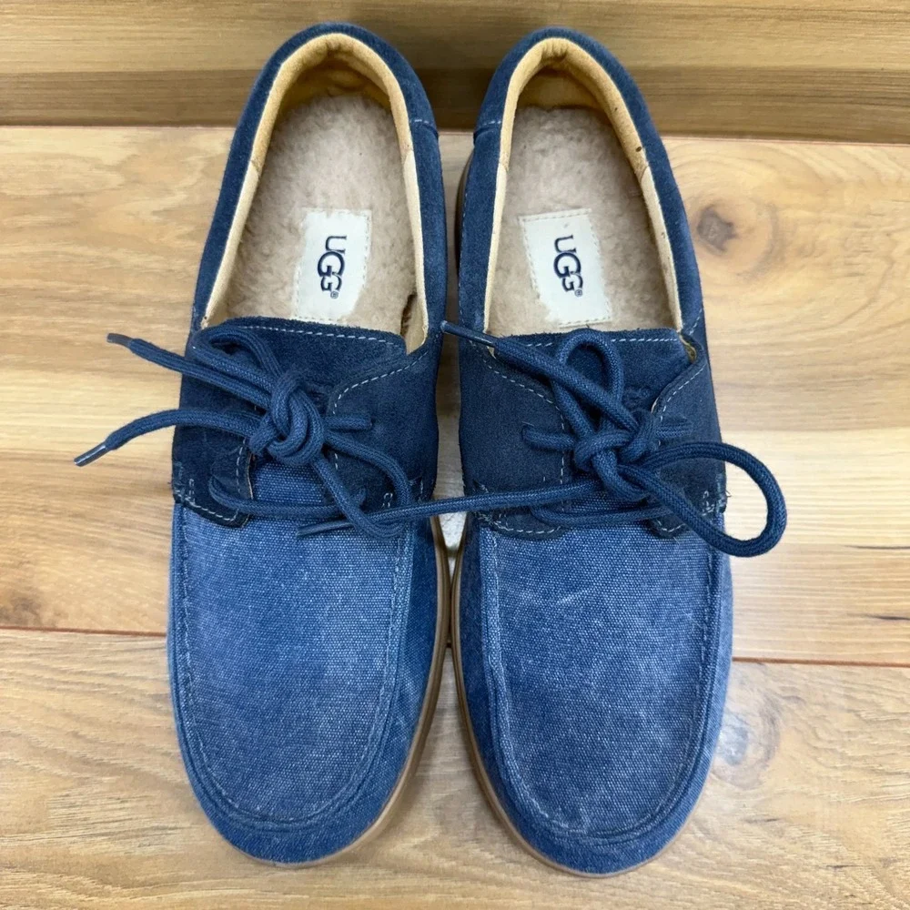 UGG Boat Moc Toe Loafers Mens 7 Blue Cotton And Suede Low Top Comfort
